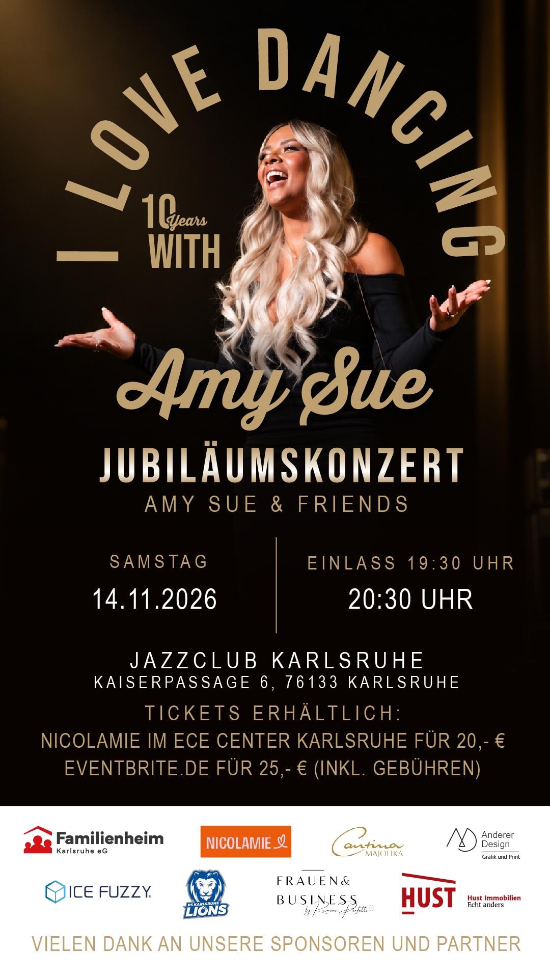 Originalflyer: 10 Years with Amy Sue – Jubiläumskonzert am 14. November 2026 im Jazzclub Karlsruhe, mit Sponsoren und Ticketinformationen.